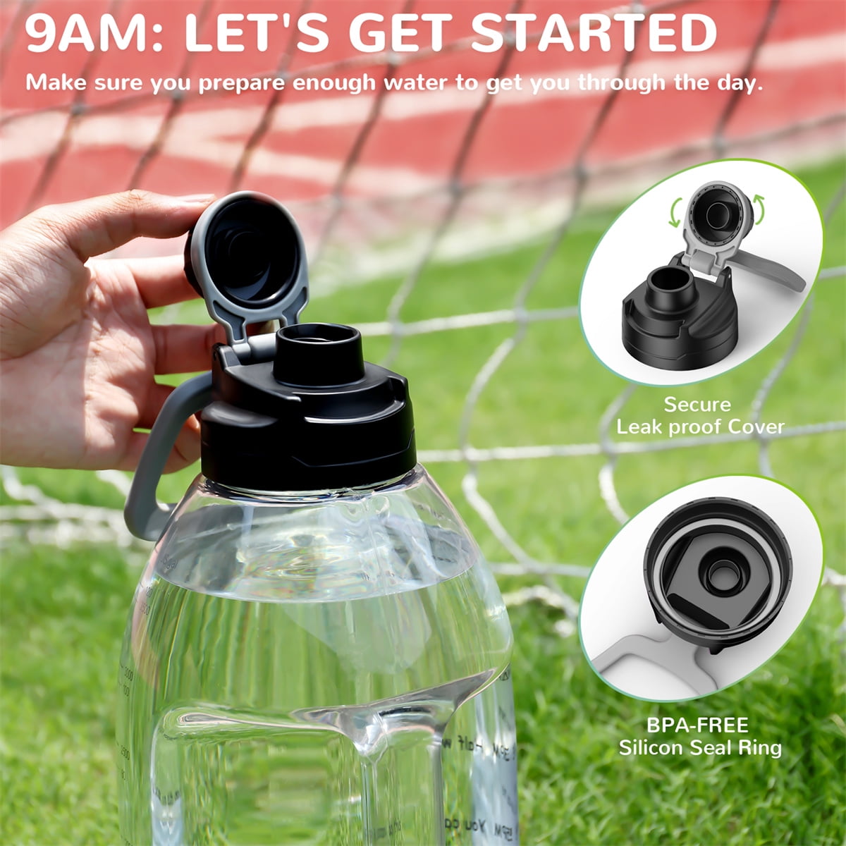 Kepooman 1 Gallon Leakproof Drinking Water Bottle with Inspirational Time Marker and Handle Leak-Proof Marker for Fitness, Gym and Outdoor Sports, Water Bottle-G