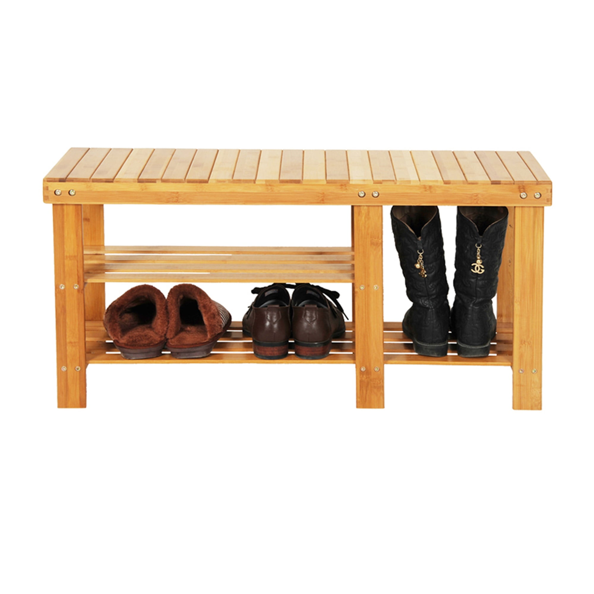 Kadyn Bamboo Stool Shoe Rack, Shoe Rack Bench with Boots Compartment, Entryway Bench for Hallway Living Room, Wood Color