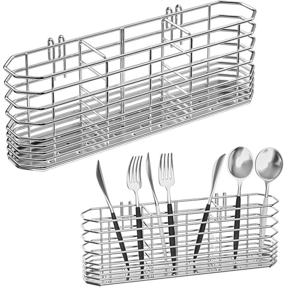 NiuYichee 304 Stainless Steel Utensil Holder, Dish Drying Rack, kitchen Utensil Organizer, Knife and Fork Drainage Rack, Kitchen Drainage Basket Accessories, with Hooks, Rust Proof, Color-Silver