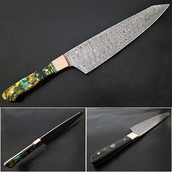 Damascus Steel Santoku Forged Chef Knife Hazel Resin Grips by WHITE DEER Cooking