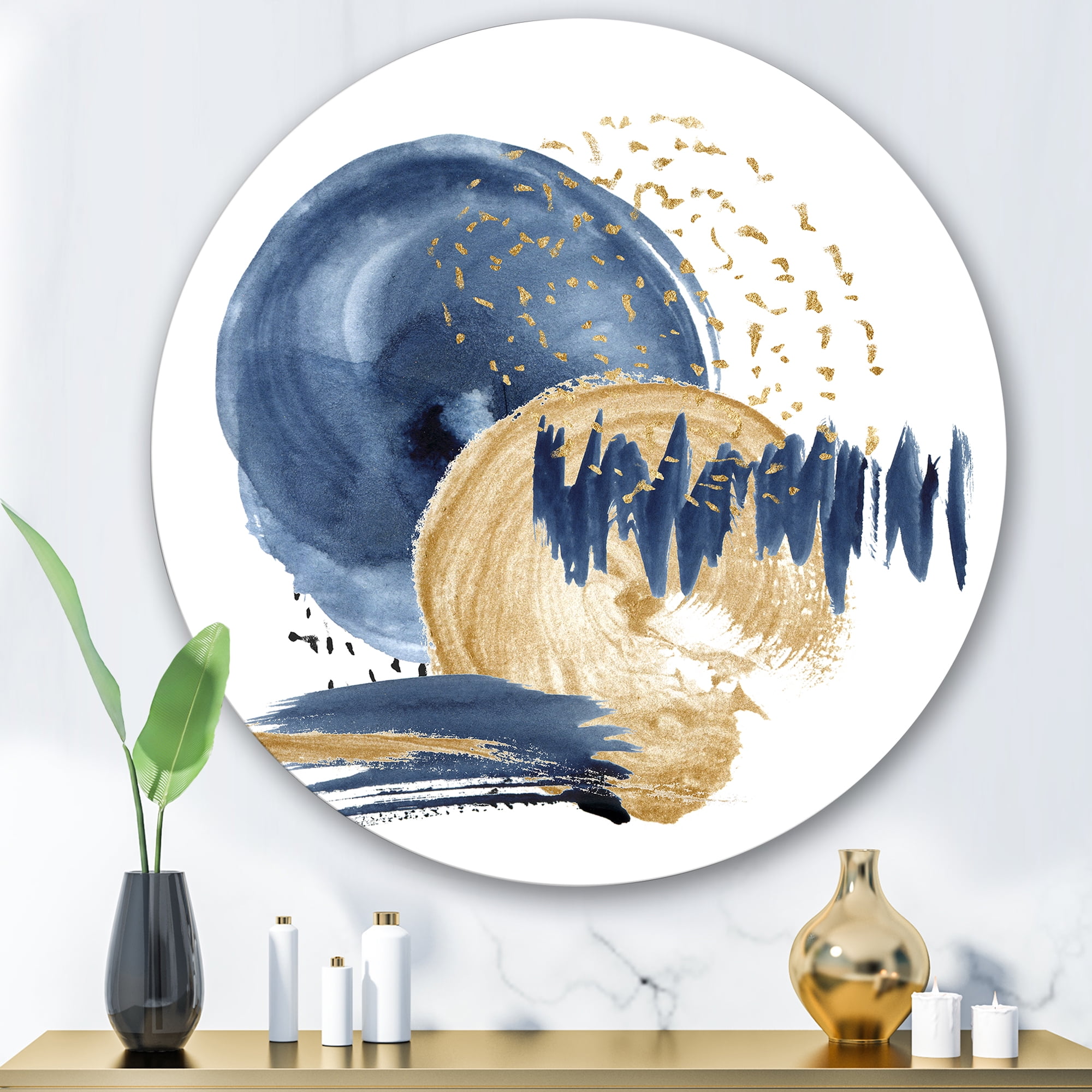 Designart 'Gold and Dark Blue Abstract Circle Ocean Texture' Modern Circle Metal Wall Art 29x29 - Disc of 29