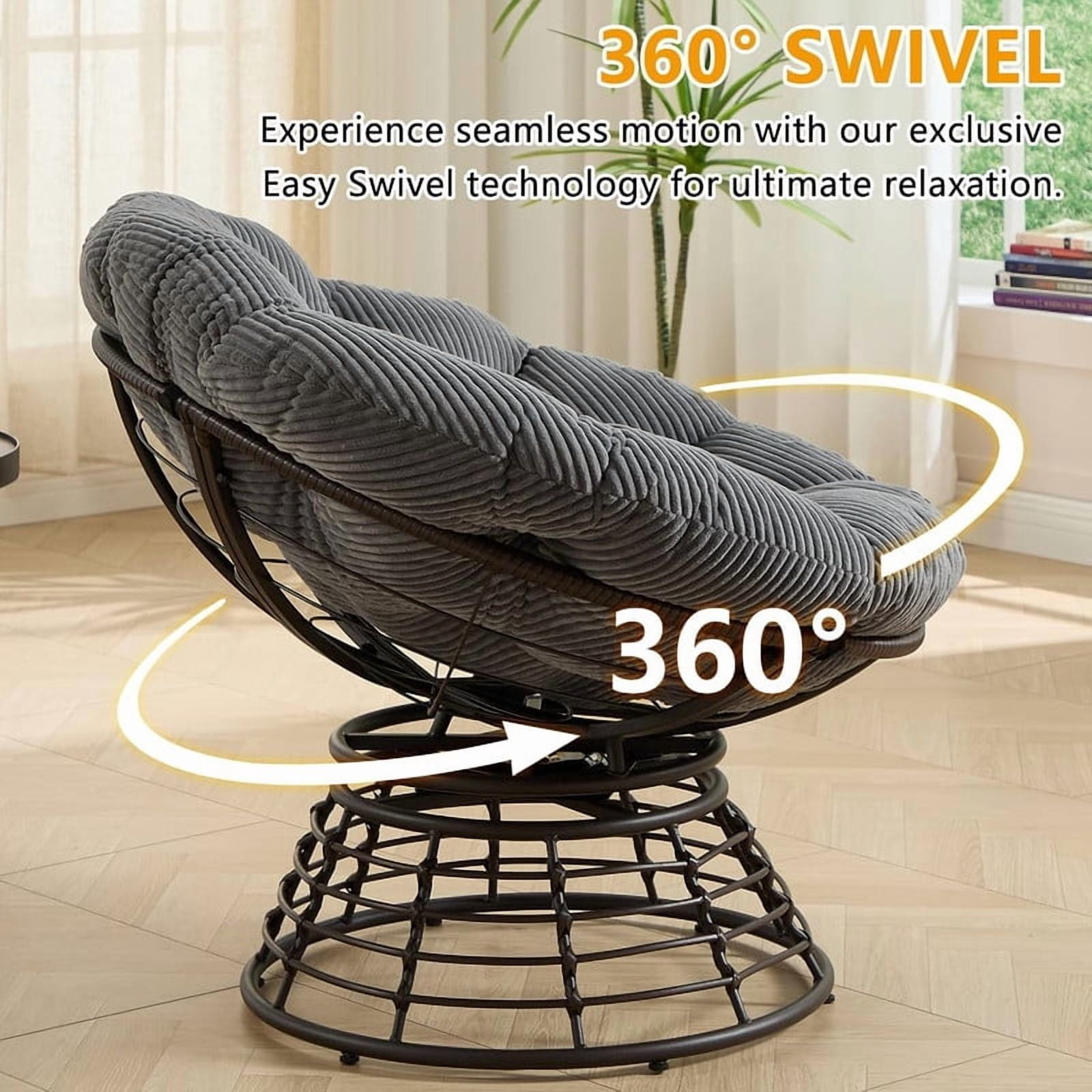 Ergonomic Wicker Papasan Chair, 360° Swivel Chair with Soft Thick Cushion for Living Room, Bedroom, Reading Room