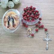 12 PCS Our Lady of Grace Miraculous Rose Scented Rosary Religious Gift Favors Red Wood bead Rosary Necklace in gift box with Organza bag
