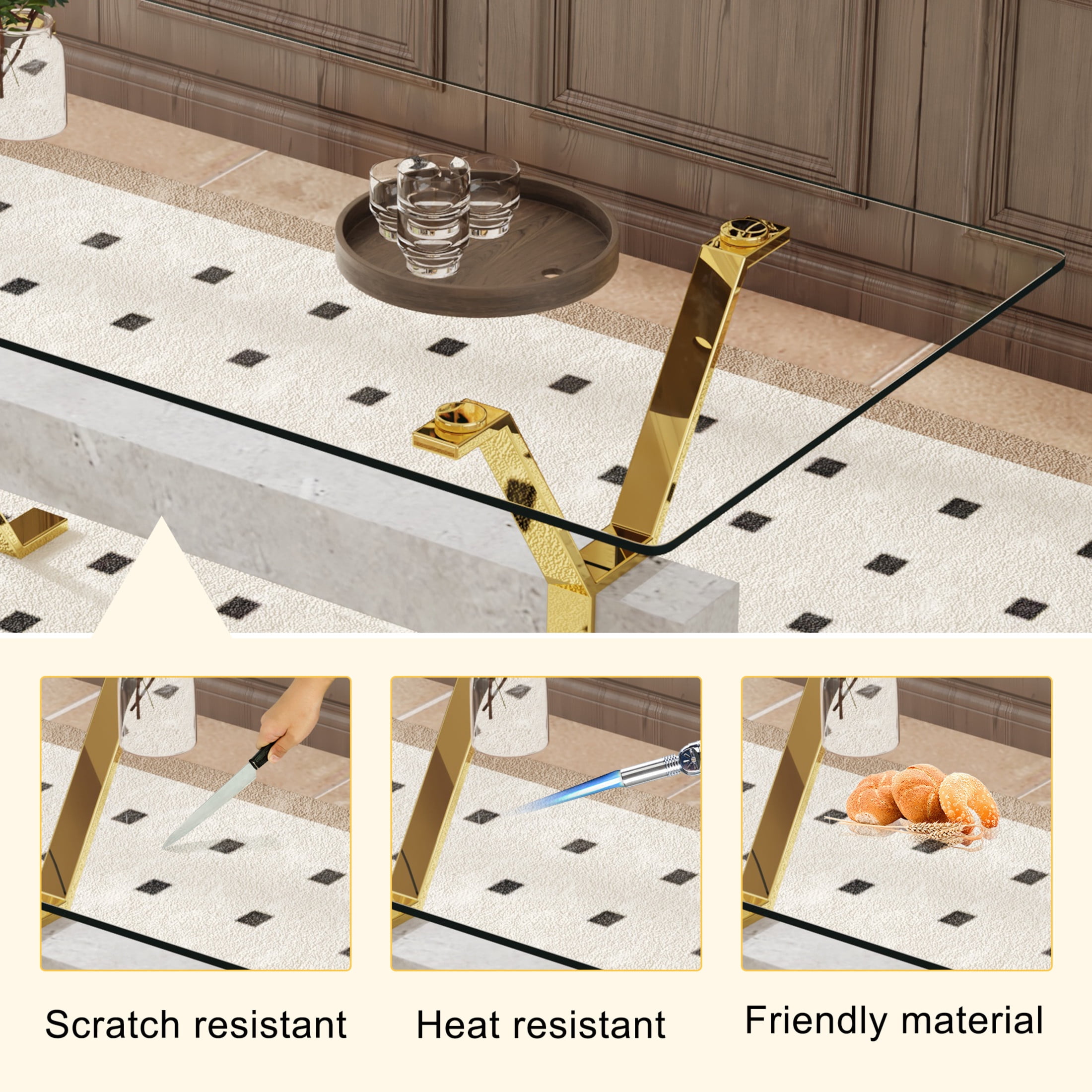 Noble House Modern Dining Table, Tempered Glass Top, X-Shaped Gold Metal Legs, Gray MDF Beam for Home Office, Clear