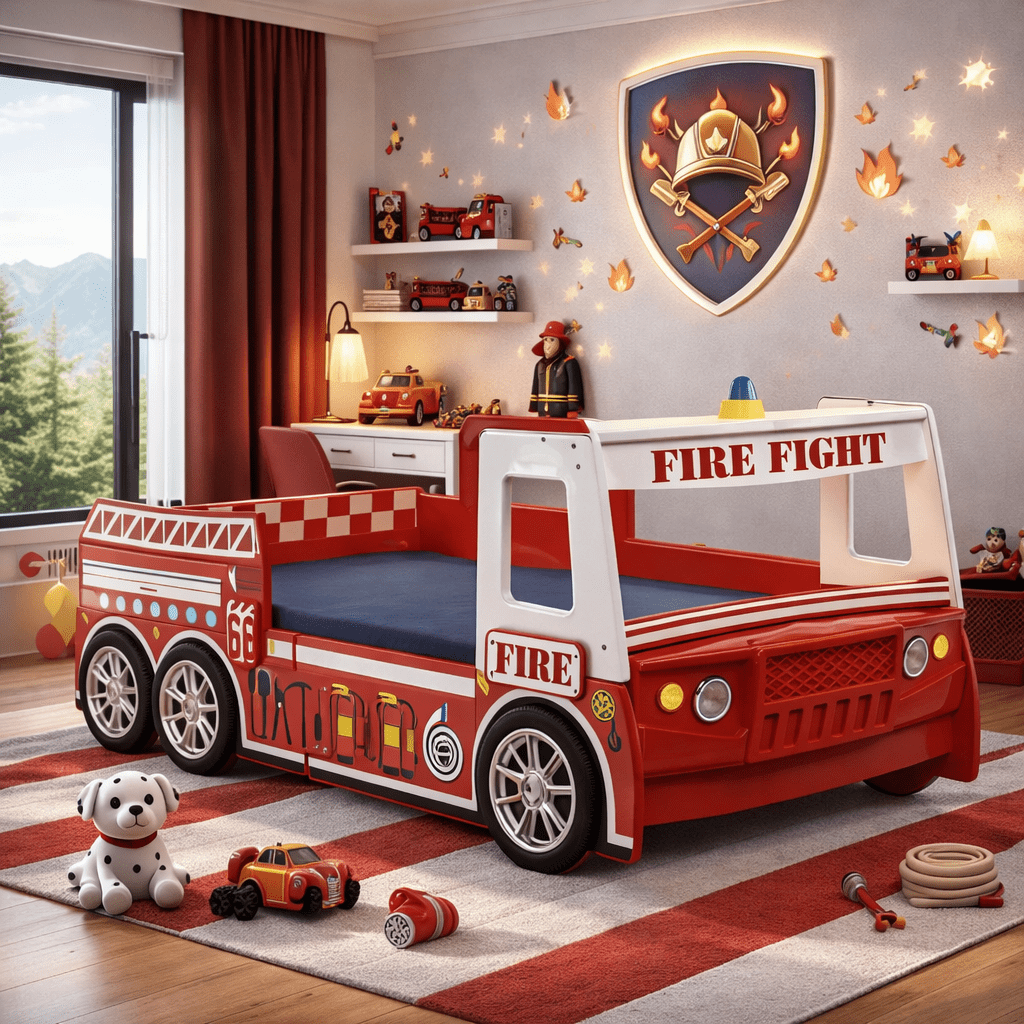 HICOMILA Twin Size Car Bed, Fire Truck Bed, Firefighter Beds, Boys Twin Car Beds, Red LED Headlights & Guardrails for Play & Sleep