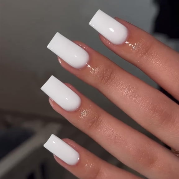 White Press on Nails Medium Long, Square Shaped Glue on Nails Medium,Gel Manicure Nails Pure Color Acrylic Nails Press on,Fake Nails Kit for Women and Girls Daily Wear,24PCS