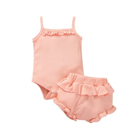 

Diconna Baby Girls Ribbed Romper Set Spaghetti Straps Bodysuit Ruffles Shorts Outfits