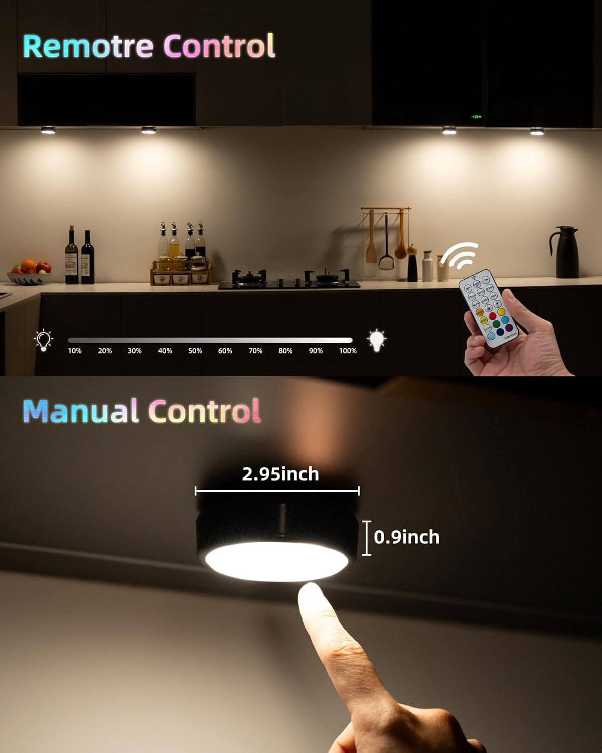 JJEAN-Puck Lights with Remote, 2000mAh Battery Operated Rechargeable Under Cabinet Lighting, 3 Color Temps & 7 RGB Colors, Magnetic Closet Light, Black Wireless Puck Light for Kitchen, Shelf.
