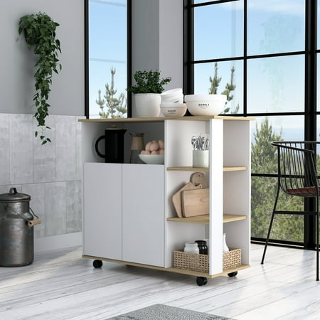 35.1 In. Height Kitchen Cart With Four Open Shelves Double Door Cabinet - Oak/white Shelves Cart: