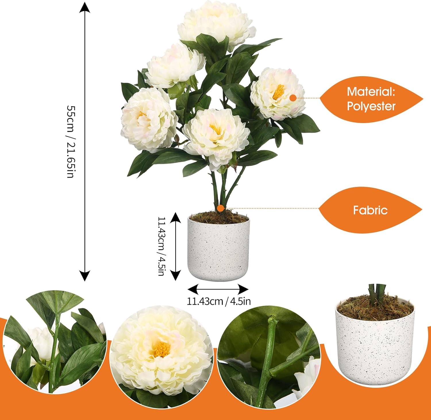 QinaQin 55cm Set of 2 Peonies Artificial Flowers, Faux Peonies with Realistic White Flowers & Green Leaves, Indoor Outdoor Fake Potted Plant for Living Room Home Office Porch Decor