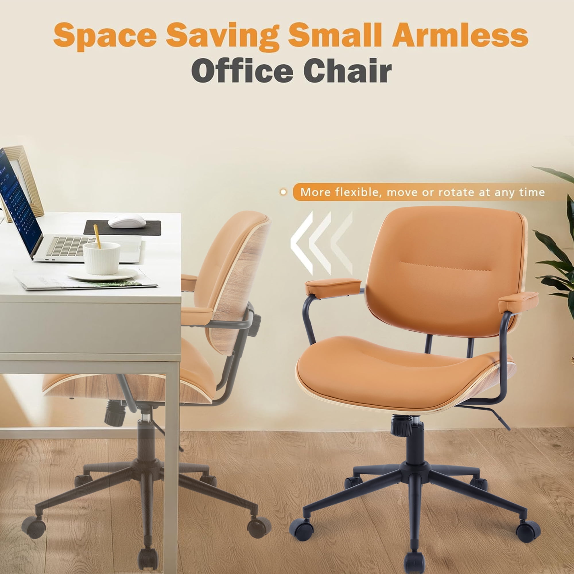 Mid Century Modern Home Office Chair, Adjustable Height Desk Chair with Wheel & Walnut Back, Swivel Rolling Task Chair for Home, Office, Reading Room, Orange