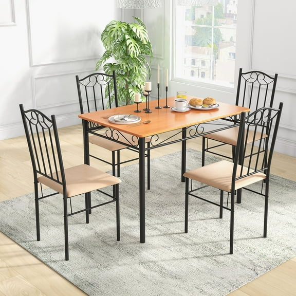 Costway 5 PCS Dining Set Wood Metal 30" Table & 4 Chairs Upholstered Kitchen Breakfast Furniture
