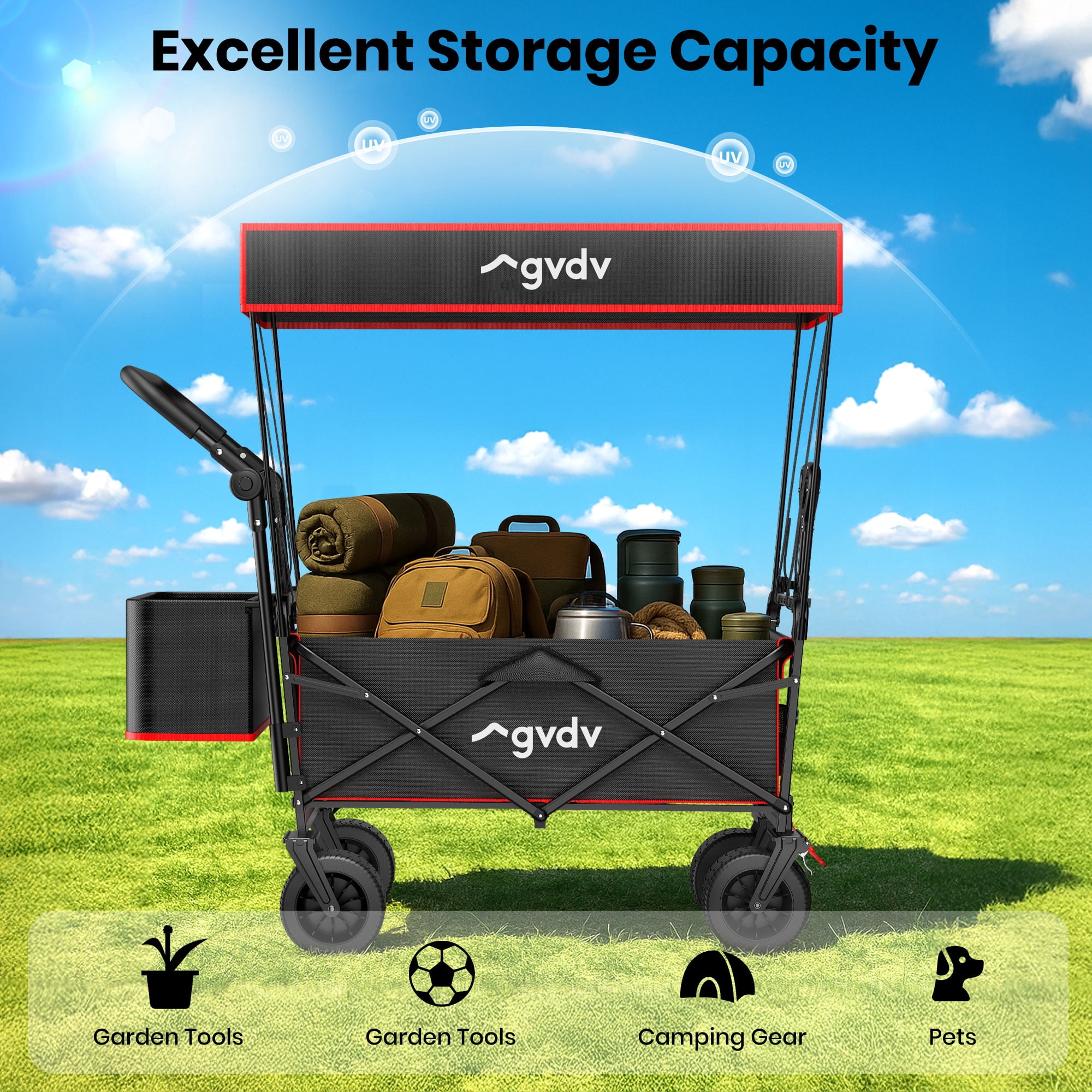 GVDV Collapsible Wagon Cart with Removable Canopy, Foldable Utility Cart with All-terrain Wheels, Versatile Folding Wagon for Kids, Grocery, Shopping and Camping, Black