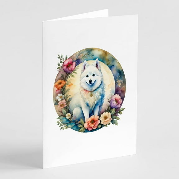 American Eskimo and Flowers Greeting Cards and Envelopes Pack of 8 7 in x 5 in