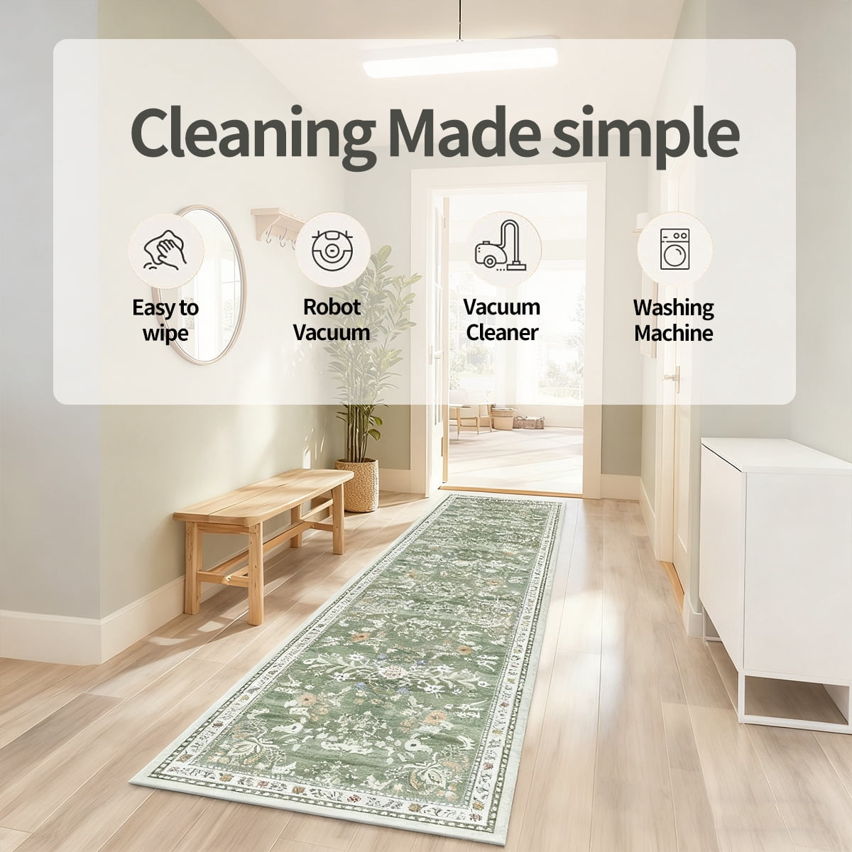 2'x8' Bohemian Style Floral Hallway Runner Rug, Non-Slip with Rubber Backing, Suitable for Kitchen, Laundry Room, Bedroom, Entryway, Green