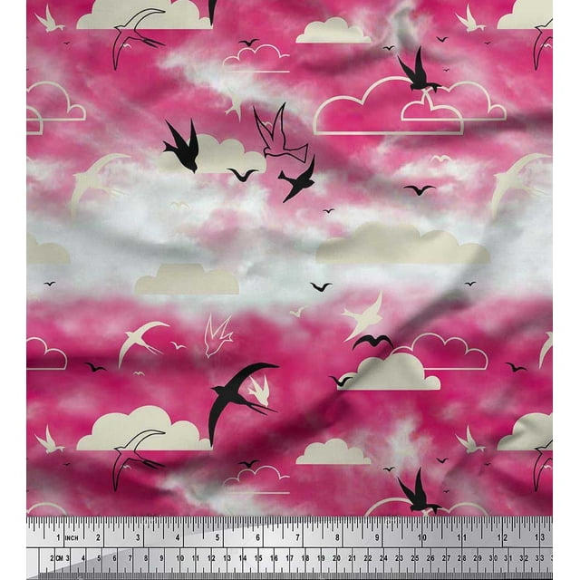 Soimoi polyester Crepe Fabric Clouds & Flying Swift Bird Print Fabric by the Yard 42 Inch Wide