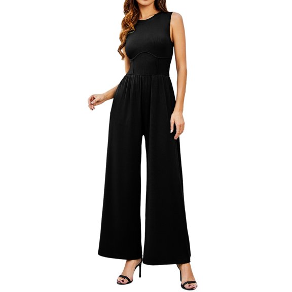 Kureaily Women Solid Sleeveless Wide Leg Jumpsuit Dressy Ribbed Jumpsuit With Summer Tank Romper Work Casual Jumpsuit