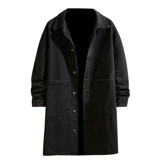 Rhuody Mens Jacket Mens Winter Autumn Loose Long Sleeve Denim Trench Coat Long Coat Durable Tops Black L
