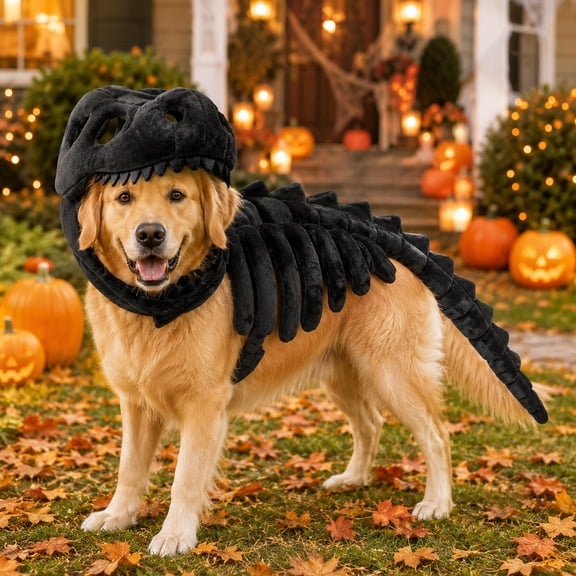 3D Plush Dinosaur Skeleton Costume Pet Cloth, Realistic Spinosaurus Fossil Jumpsuit with Padded Spine and Skull Mask, Spooky Halloween Dress-Up & Role Play Outfit