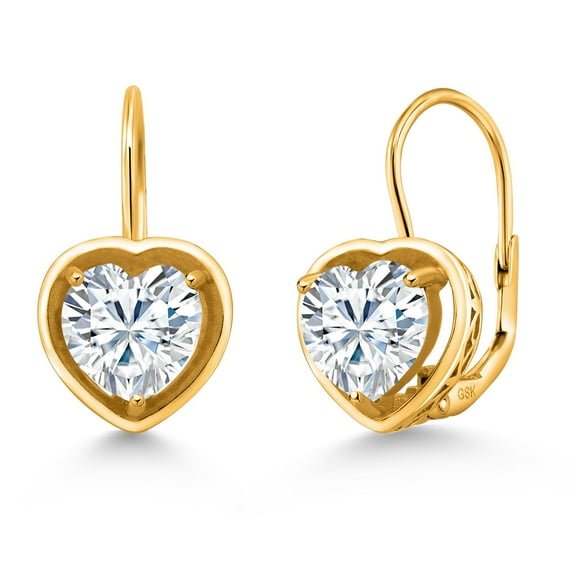 Gem Stone King 18K Yellow Gold Plated Silver White Moissanite Dangle Leverback Earrings for Women (2.60 Cttw, Heart Shape 7MM)