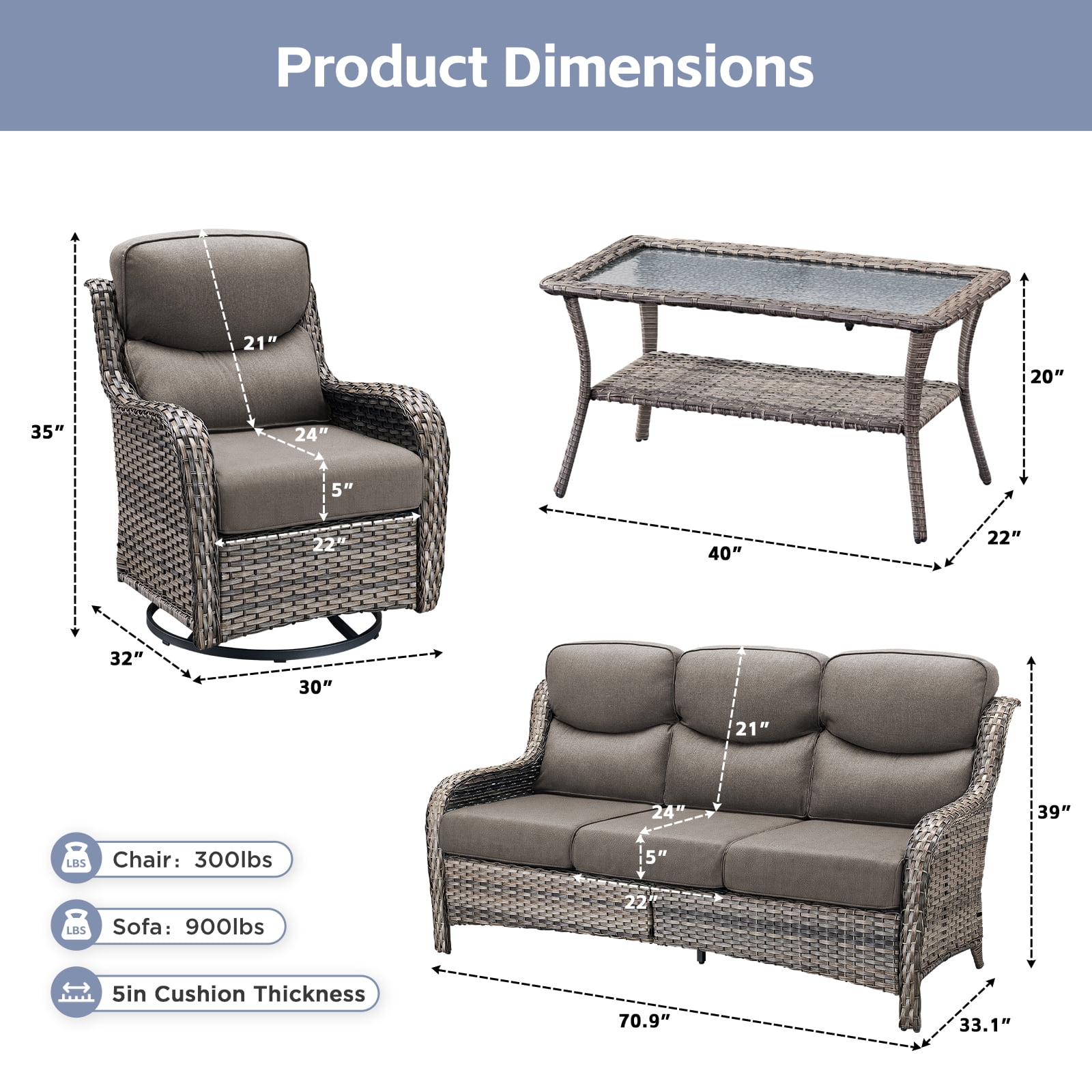 POCASSY 4-Piece Outdoor Patio Furniture Set with Swivel Chairs, Luxury High Back Rattan Wicker Outdoor Conversation Set with 5-inch Thick Seat Cushion Sofa and Swivel Glider Patio Chair for Porch