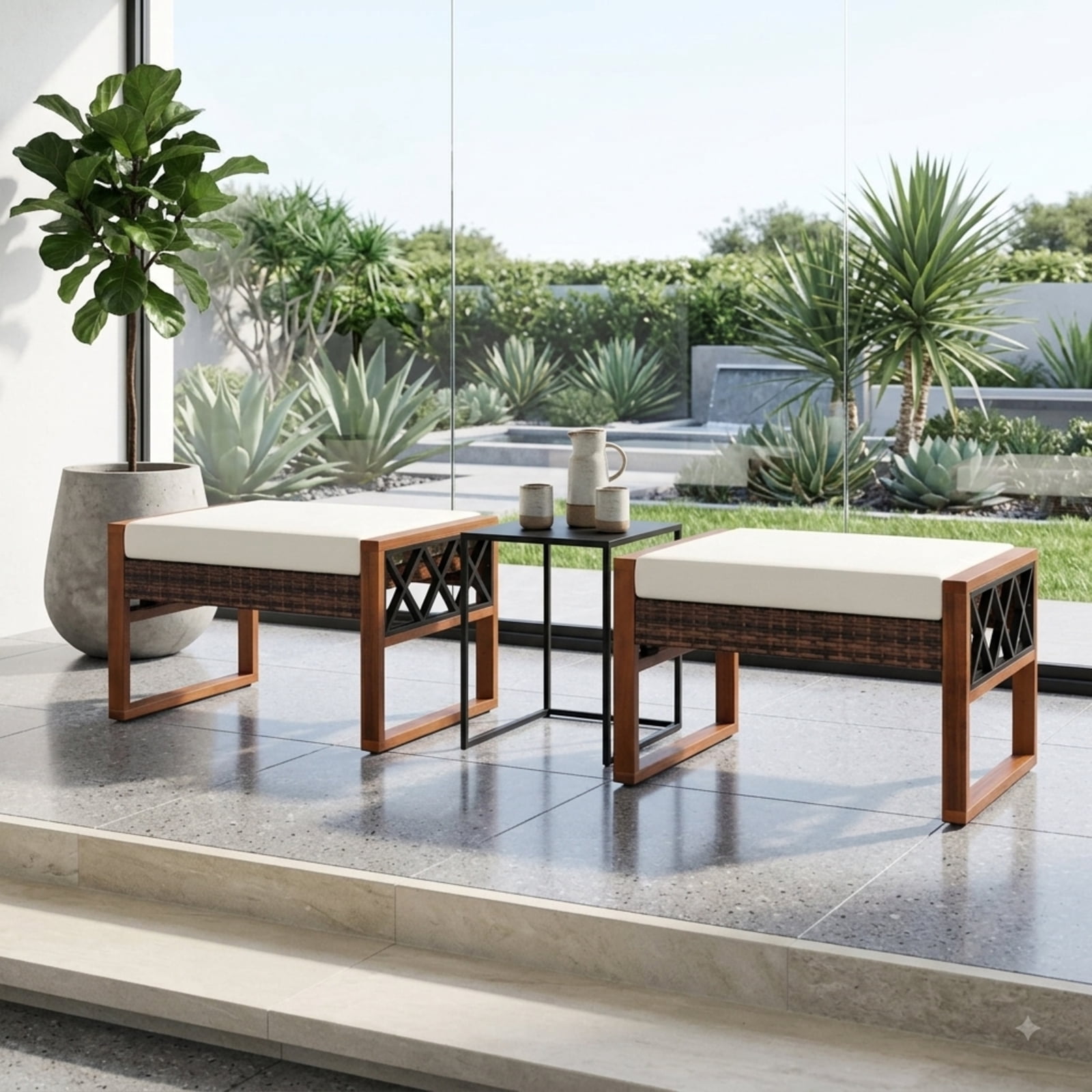 Furnibear PE Rattan Wicker Ottoman Set of 2, Outdoor Patio Footstool with Removable Cushions, Acacia Wood & Metal Frame for Garden Porch, 400 LBS, Beige