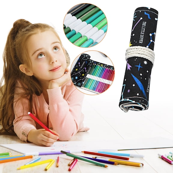 Night Sky Print Roll Up Canvas Colored Pencil Storage Case 12/24/36/48/72 Slots Portable Art Pen Organizer For Sketch & Adult Coloring