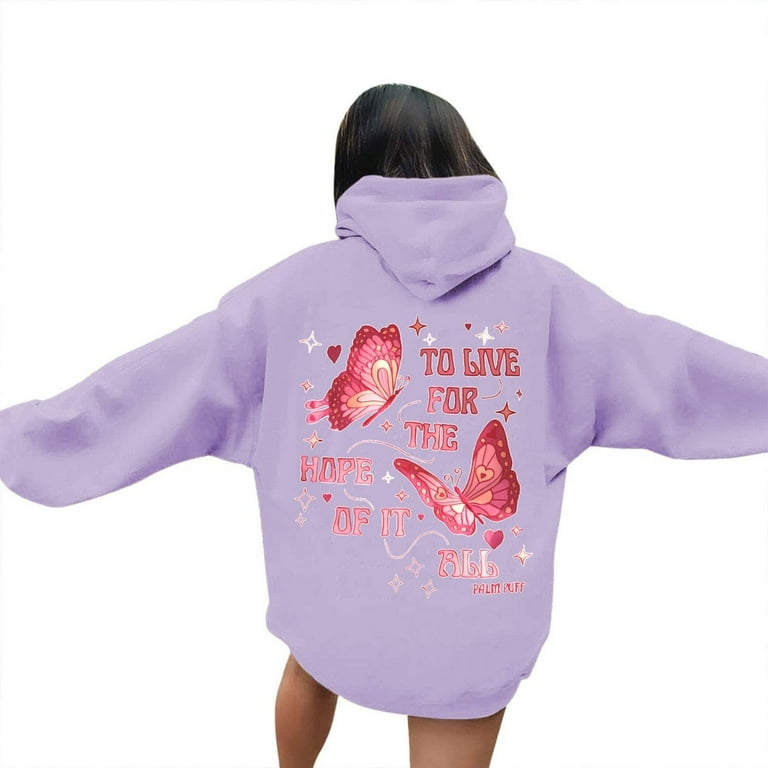 JULMCOMO Purple Palm Puff Hoodie Preppy Oversized Long JULMCOMO Purple Palm Puff Hoodie Preppy Oversized Long