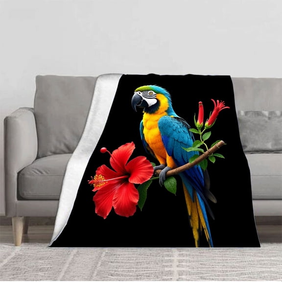 Vibrant Blue & Yellow Parrot Flannel Blanket - Soft Cozy Durable for Sofa Travel Bed & Chair - Perfect Tropical Design