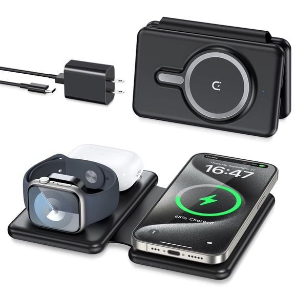 Cargador inalámbrico magnético para iPhone: estación de carga de viaje 3 en 1 para dispositivos Apple para iPhone 16 15 14 13 12 Pro Max Plus - Almohadilla de carga plegable para Apple Watch Series y