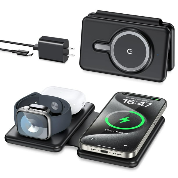 Cargador inalámbrico magnético para iPhone: estación de carga de viaje 3 en 1 para dispositivos Apple para iPhone 16 15 14 13 12 Pro Max Plus - Almohadilla de carga plegable para Apple Watch Series y
