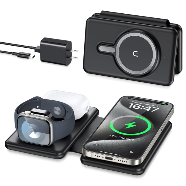 Cargador inalámbrico magnético para iPhone: estación de carga de viaje 3 en 1 para dispositivos Apple para iPhone 16 15 14 13 12 Pro Max Plus - Almohadilla de carga plegable para Apple Watch Series y