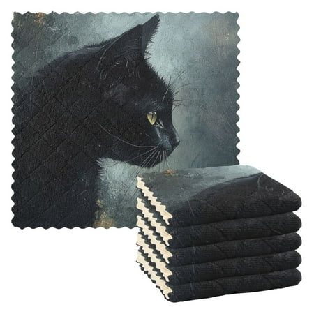 

6 Pieces of Kitchen Towels 11x11Inch Kitchen Dish Cloths Kitchen Dish Towels Reuseable Cleaning Cloths Black Painting Cat