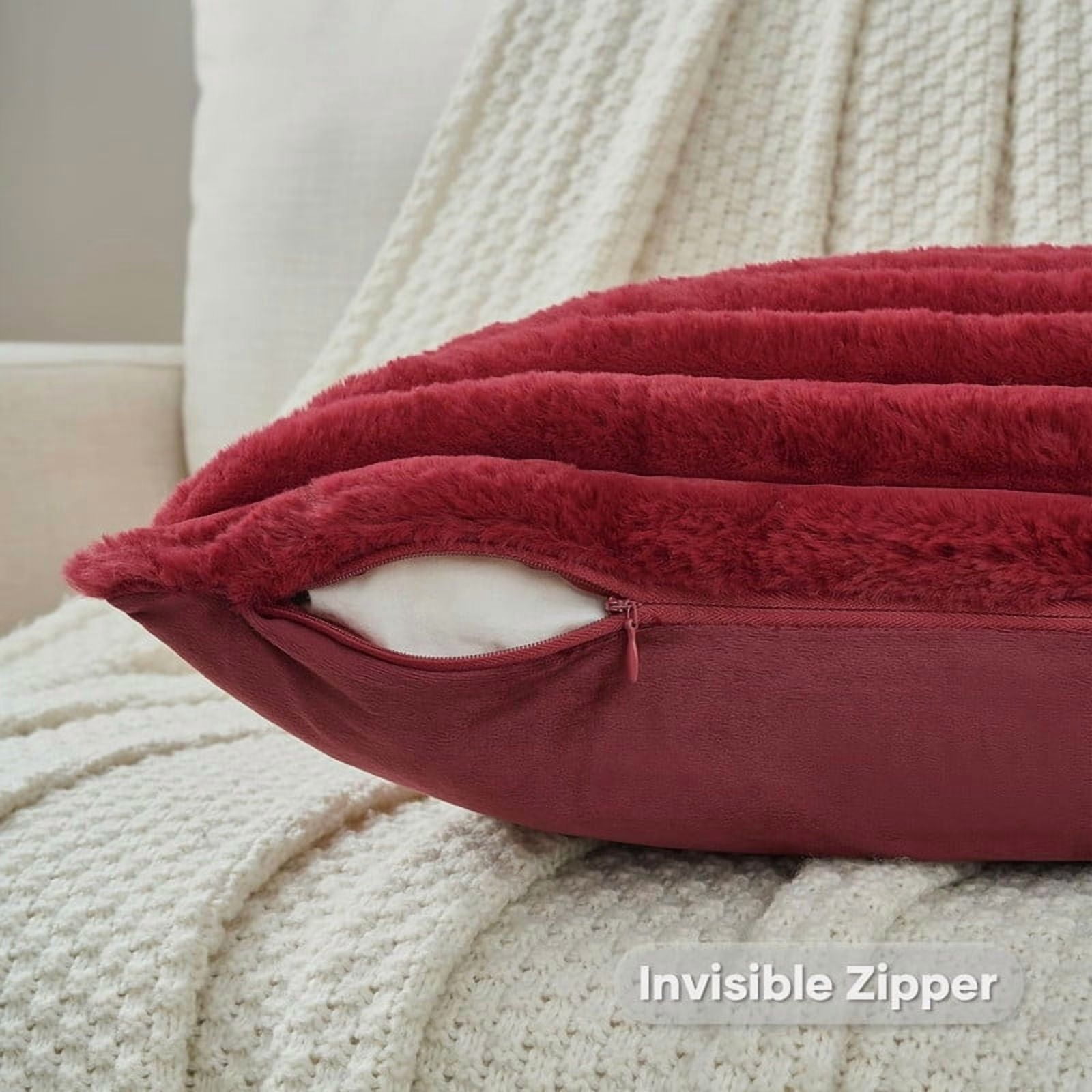 Throw Pillow Covers Decorative Faux Fur Set of 2 22 x 22 Inch Pillow Covers, Soft Wine Red Striped Outdoor Pillowcases for Couch Sofa Bed Living Room, Fluffy Cute Home Boho Accent Fuzzy Decor