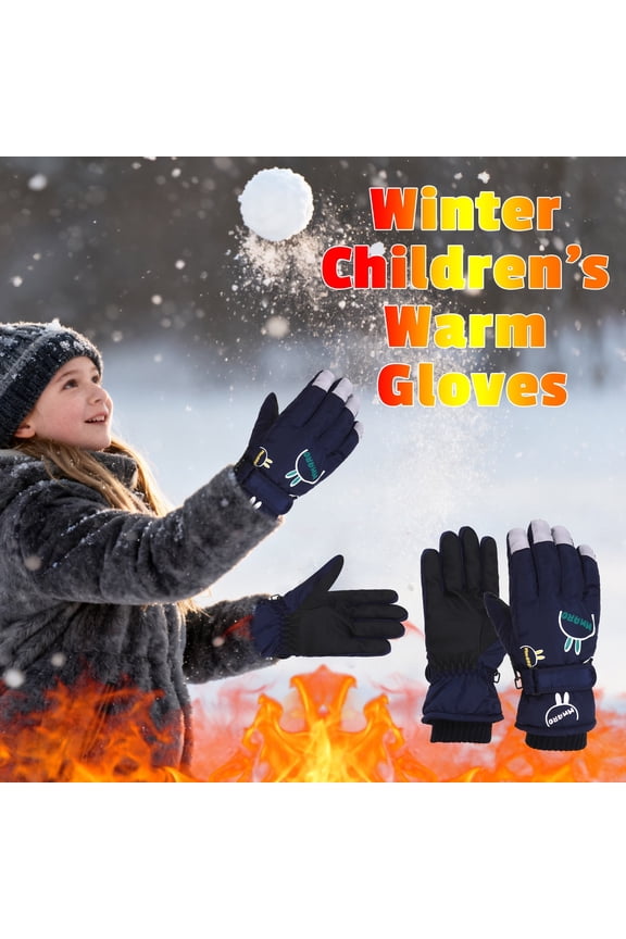 Boys Girls Snow Gloves Cute Cartoon Thickened Warmth Insulated Grip Adjustable Wrist Winter Waterproof Kids Skiing Sports Gloves for Children 8-12 Years(Navy,One Size)