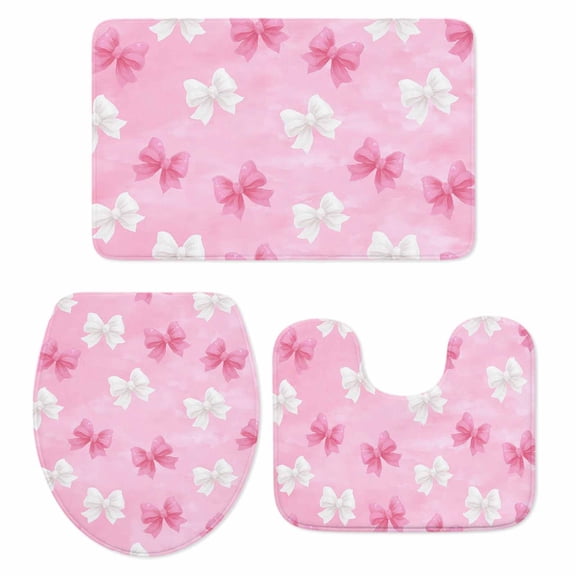 Pink and White Bow Bathroom Rugs Set Cute Bowknot Kawaii Non Slip Absorbent Soft Bath Mats 3 Piece Set with Bathroom Rug, U-Shaped Floor Mat, Toilet Seat Cover Small Size