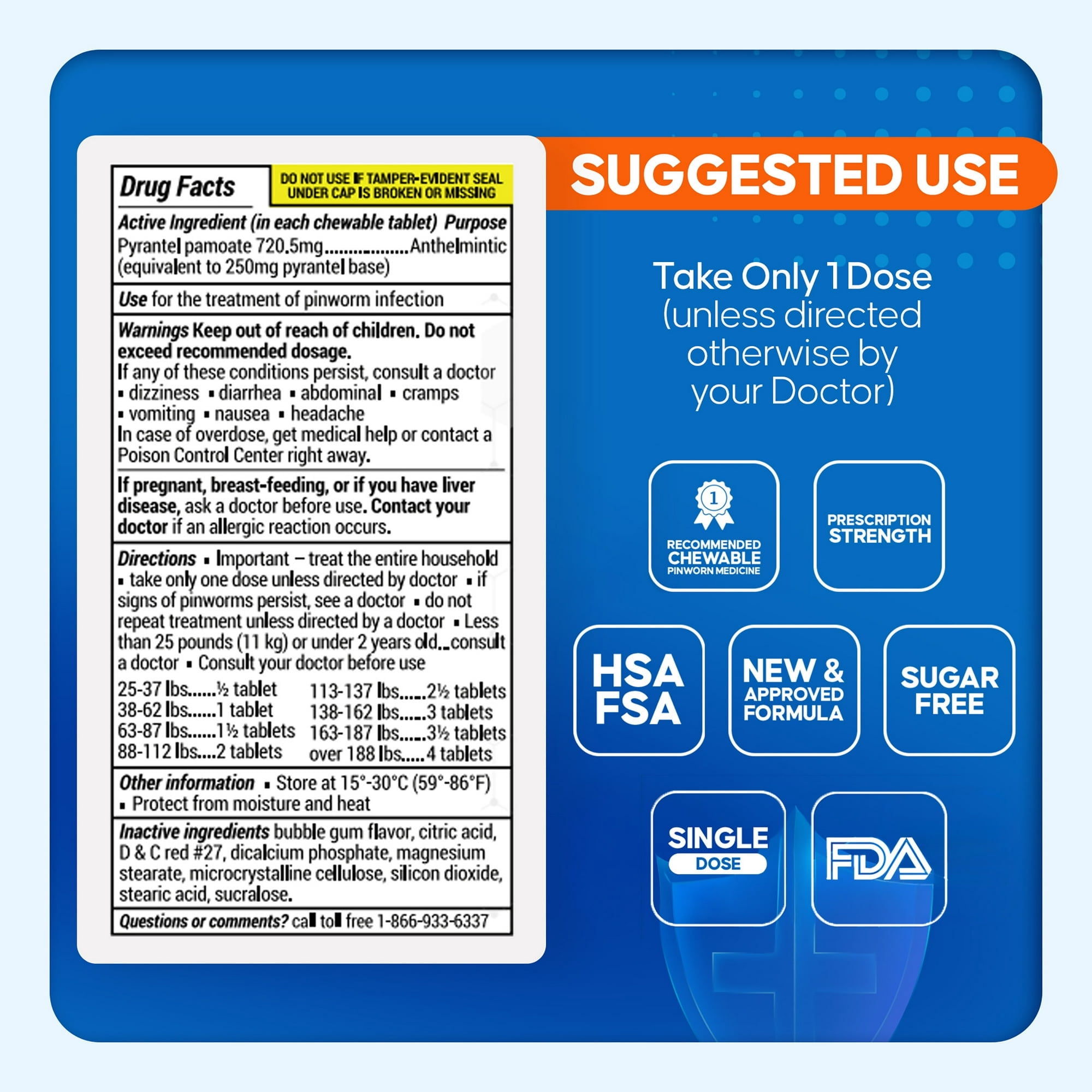 Pin Rid Pinworm Dewormer Chewable Tablets, 250mg Pyrantel Pamoate, 12 Count