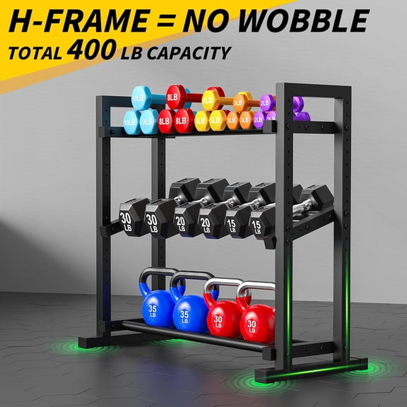 3-Tier Adjustable Dumbbell Rack, Weight Rack for Home Gym Storage, Heavy Duty Weight Stand for Dumbbells, Kettlebells & Free Weights, Space-Saving Dumbbell Rack Stand Only(Up to 400LB Capacity)