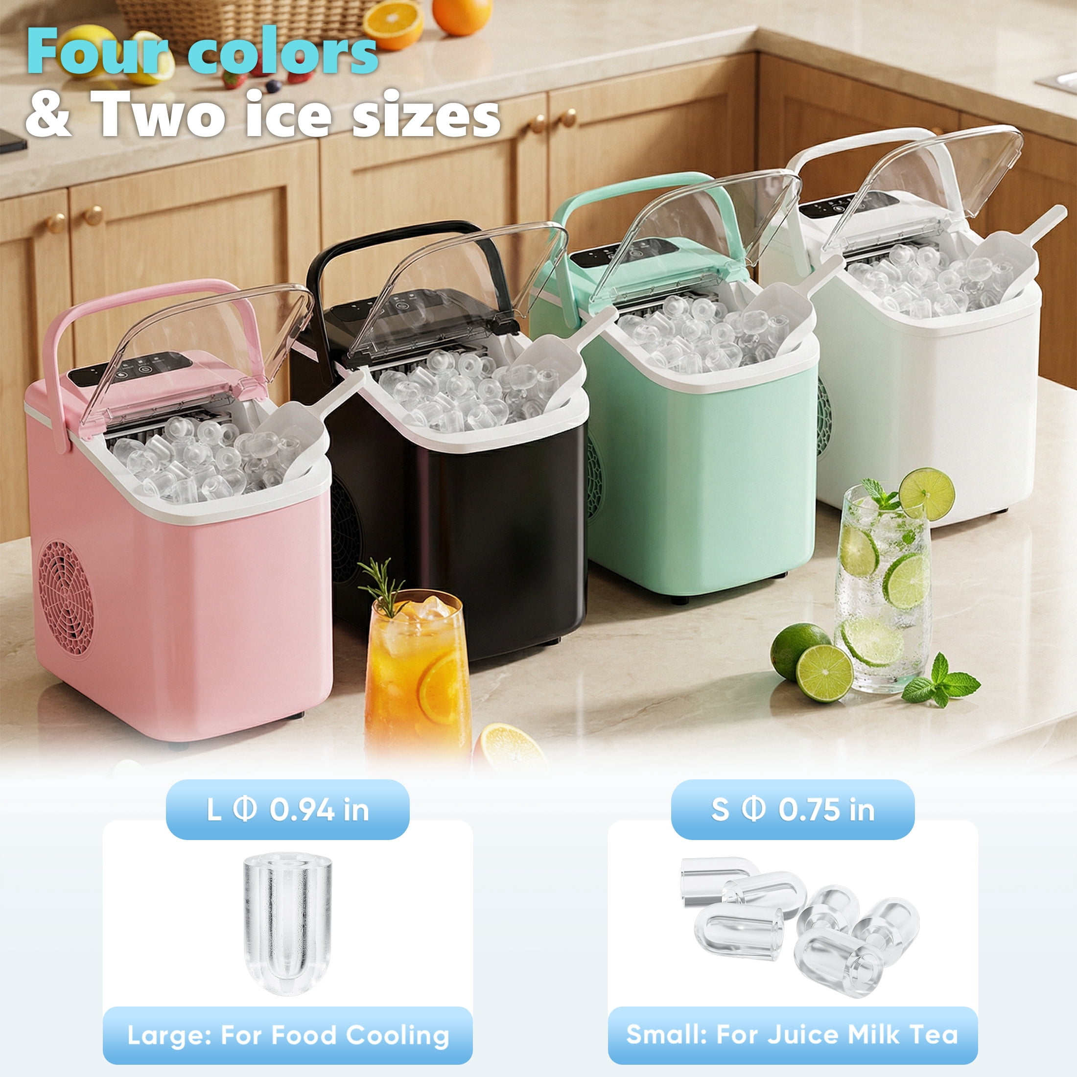 edx Ice Maker, Self-Cleaning Countertop Ice Maker, with Handle & Ice Scoop, 9 Bullet Cubes in 6~8 Mins, 26lbs Daily, White