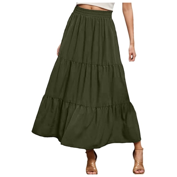 OSOLU Solid Color Women Summer Boho Elastic High Waist Pleated A-Line Flowy Ruffle Swing Tiered Long Beach Skirt Cozy Skirts
