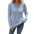 thumbnail image 2 of Women'S V-Neck Long Sleeve Striped Knit Button Shirt Autumn Casual Loose Elegant Tunic Top Blue S, 2 of 10
