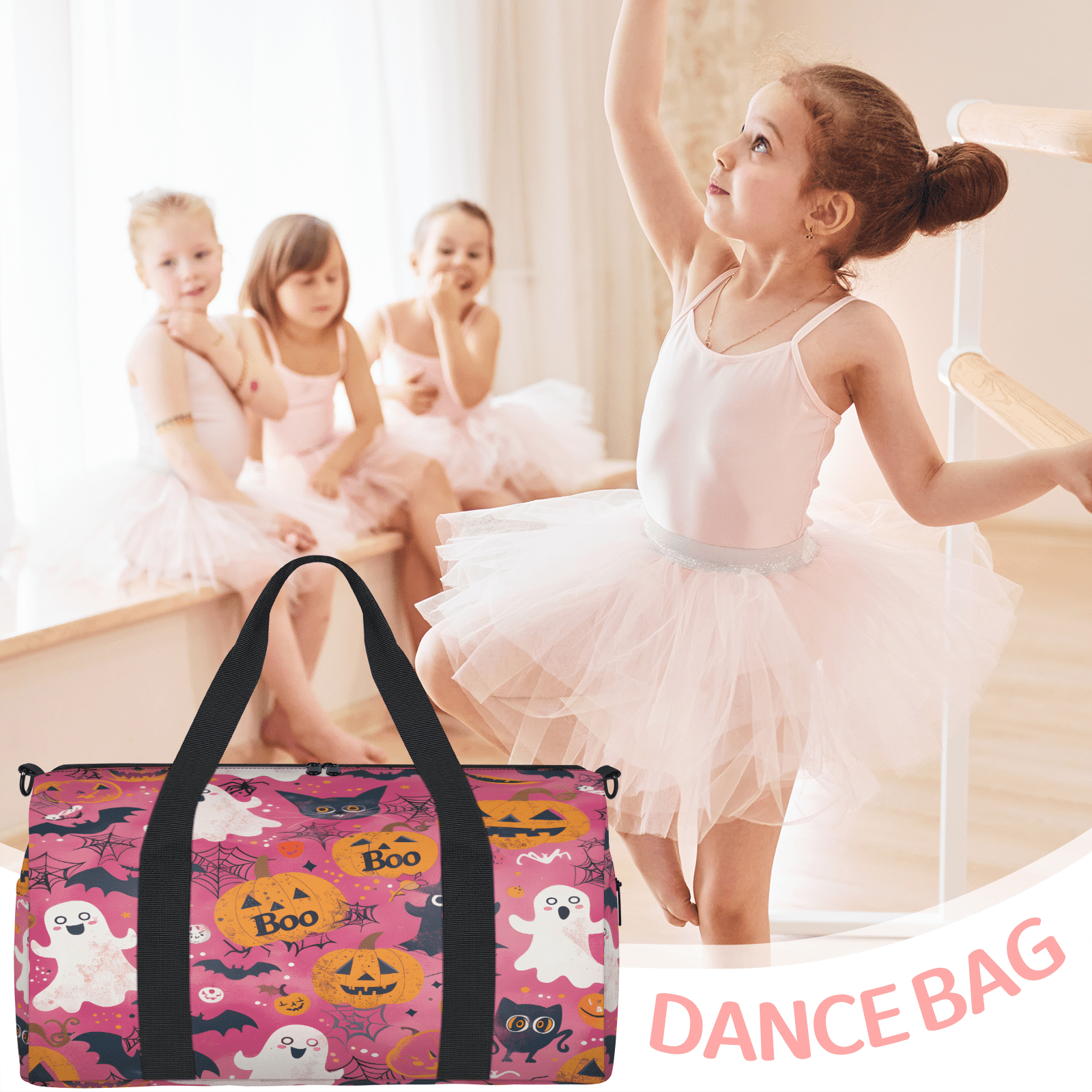 Herdesigns Halloween Gym Bag for Women, Duffle Bag for Travel Sport, Bat Pumpkin Ghost Lightweight Waterproof Carry on Weekender Dance Yoga Workout Bags