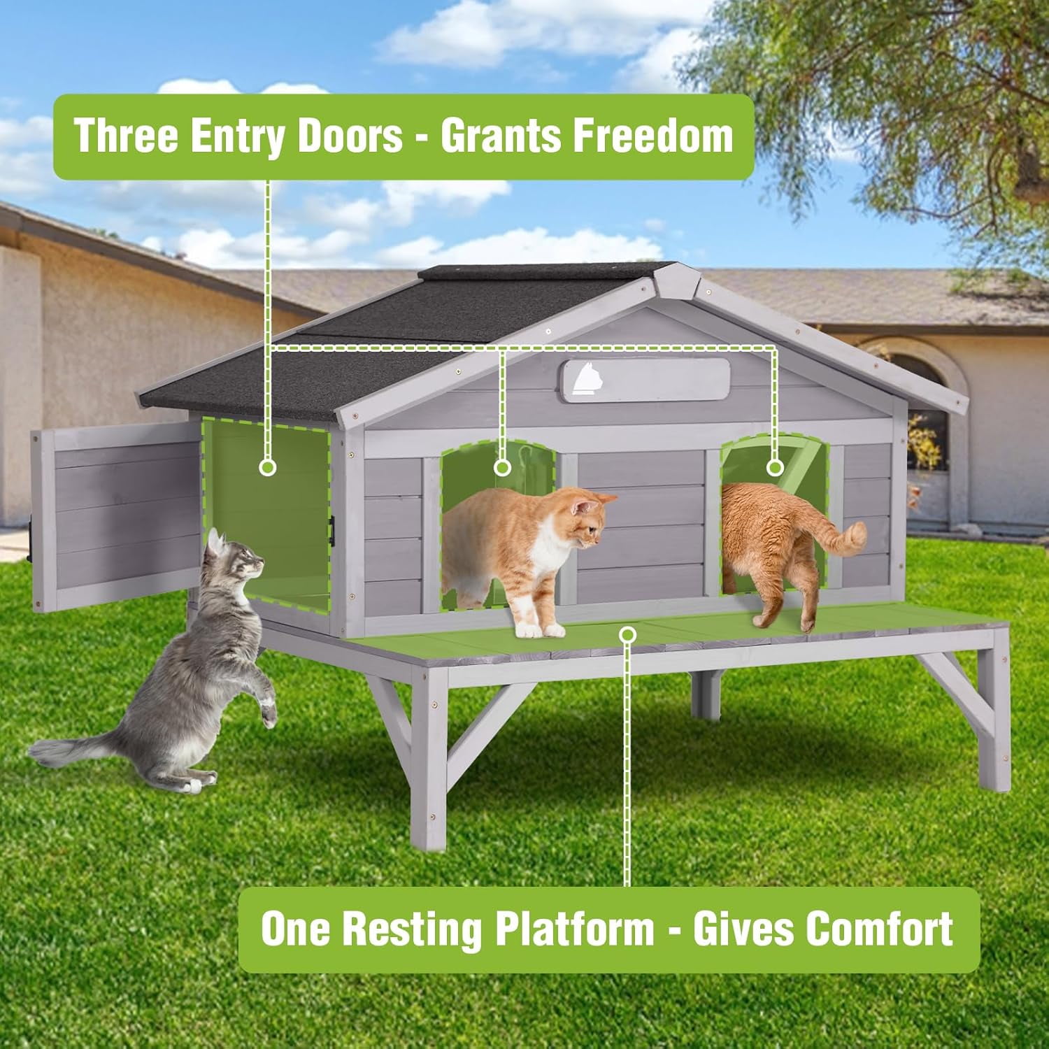 Aivituvin Outdoor Cat House Weatherproof with 3 Entry Doors, Elevated Base & PVC Curtain, Indoor/Outdoor Kitty Shelter for Small-Medium Pets