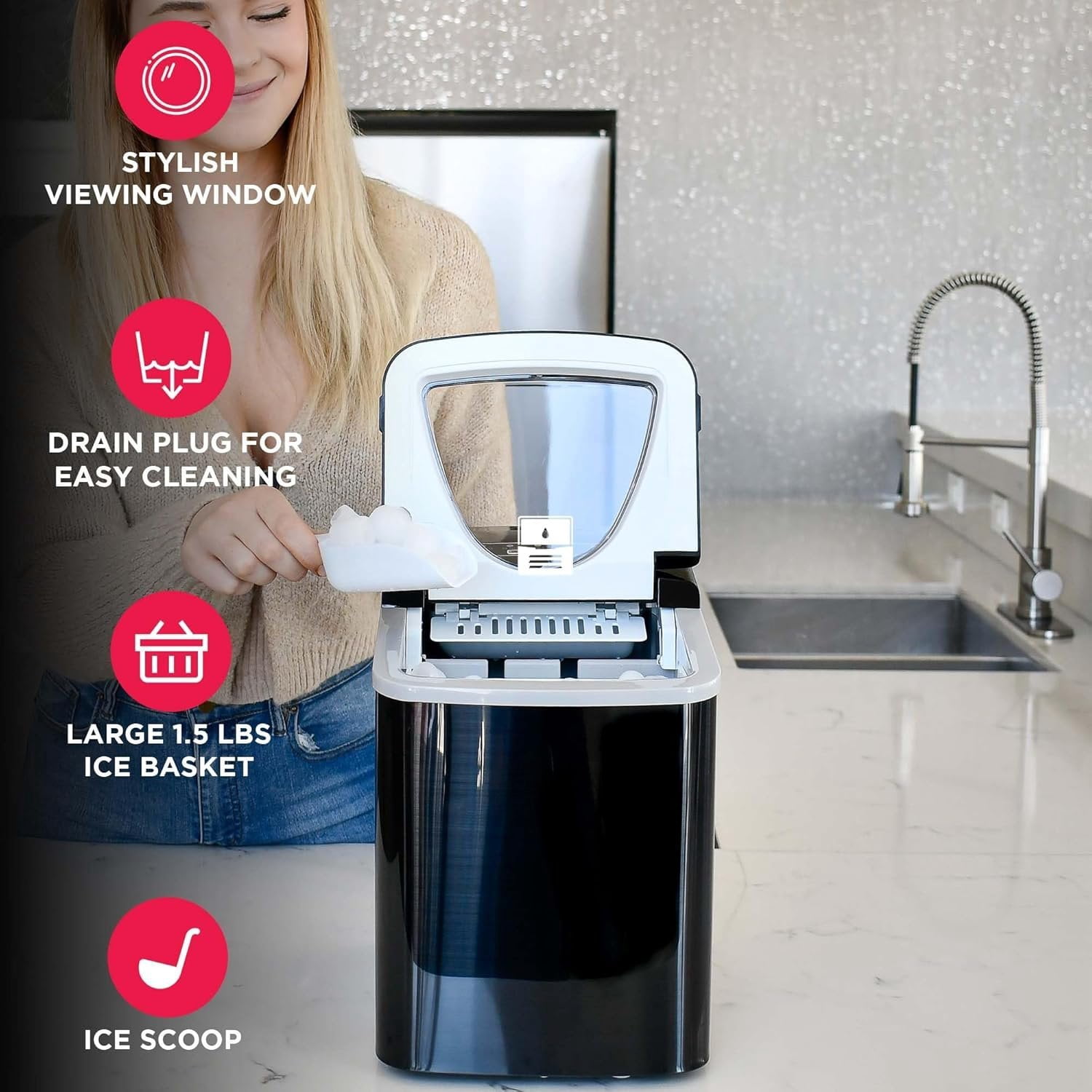 EFIC123-SSBLACK Compact Countertop Ice Maker, 26lbs of Ice per Day, Black Stainless
