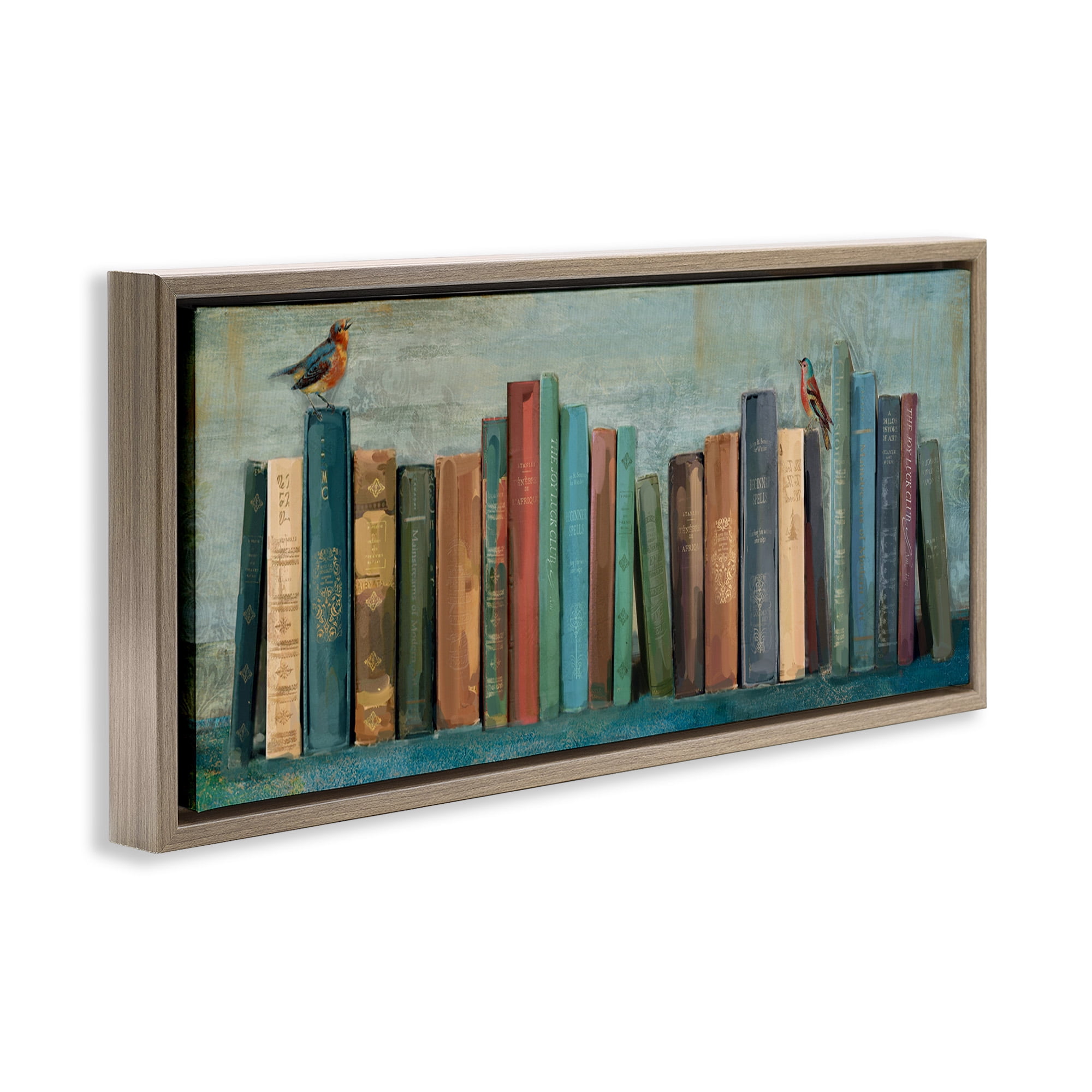 Stupell Industries Books And Birds Bookshelf Painting Animals & Insects Painting Brown Floater Framed Canvas Art Print Wall Art, 31 x 14