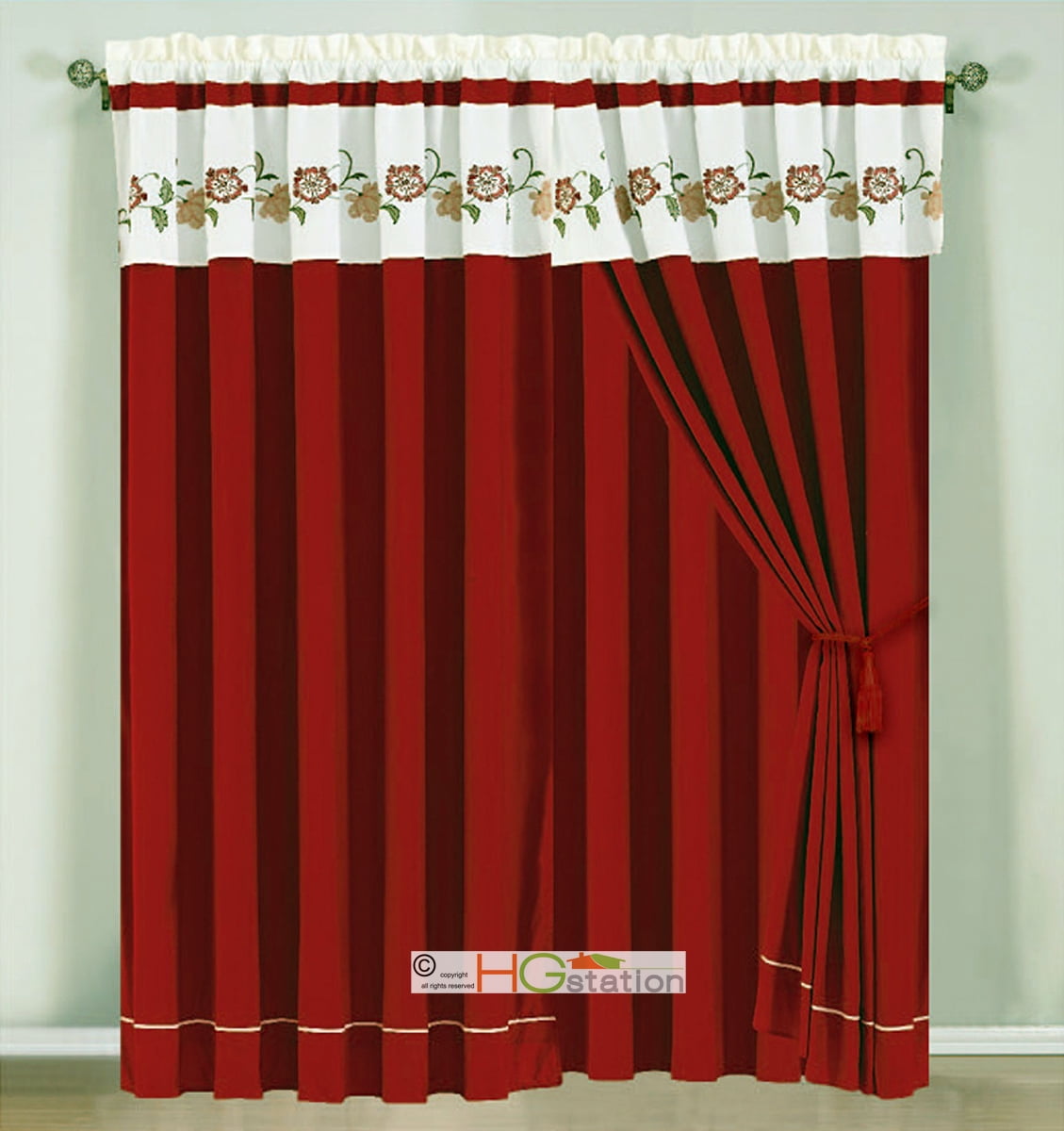 Details about   4-Pc Floral Blossom Vine Scroll Embroidery Curtain Set Ivory Red Drape Valance 