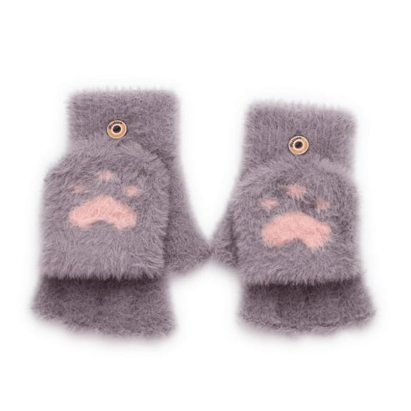 GENEMA Winter Plush Gloves Plush Cat Paw Glove with Flip Top Knitted Fingerless Mittens