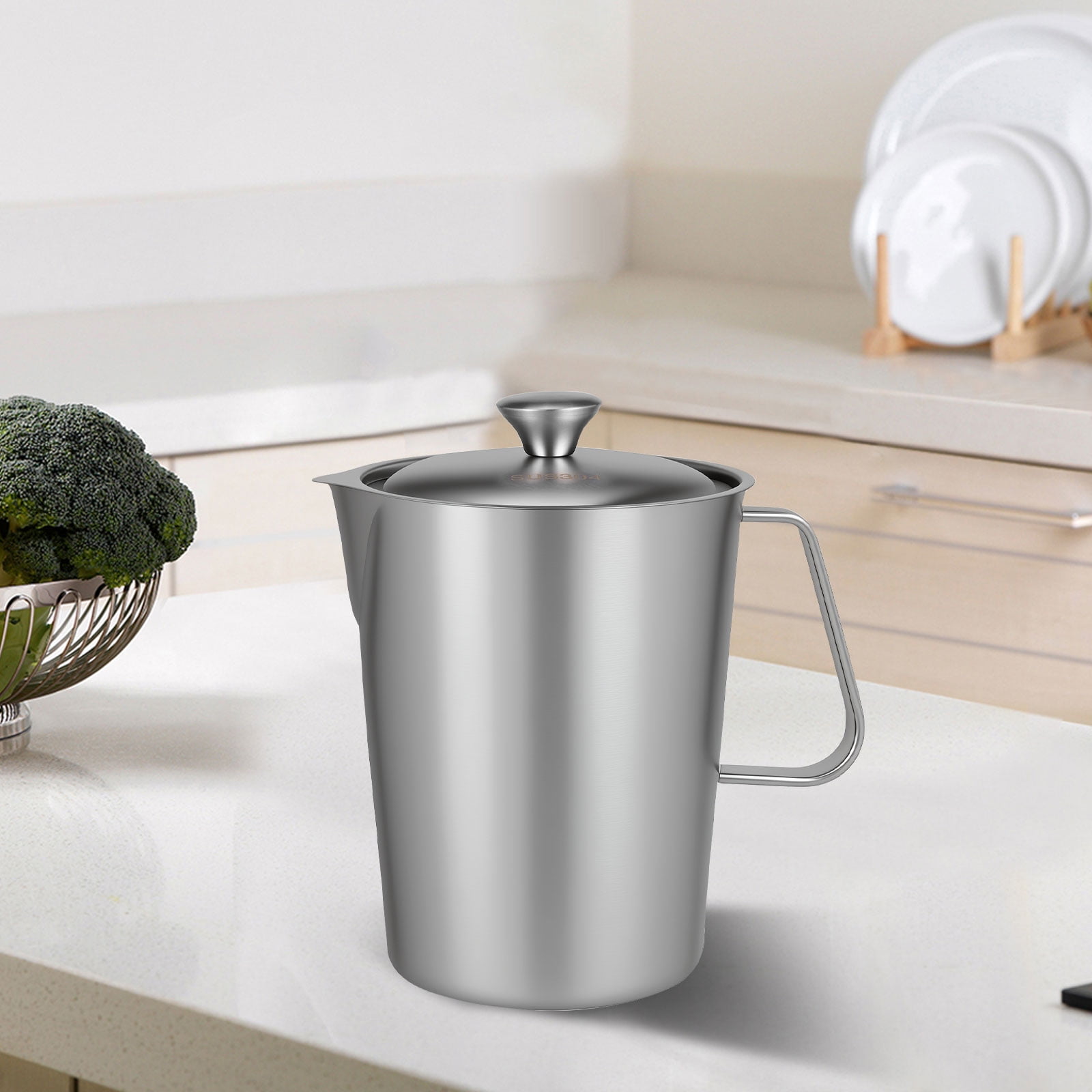 Stainless Steel Measuring Cup 70 oz Milk Frothing Pitcher with Lid, 2L Metal Water Jug Carafe with Engraved Markings for Coffee Espresso Machine