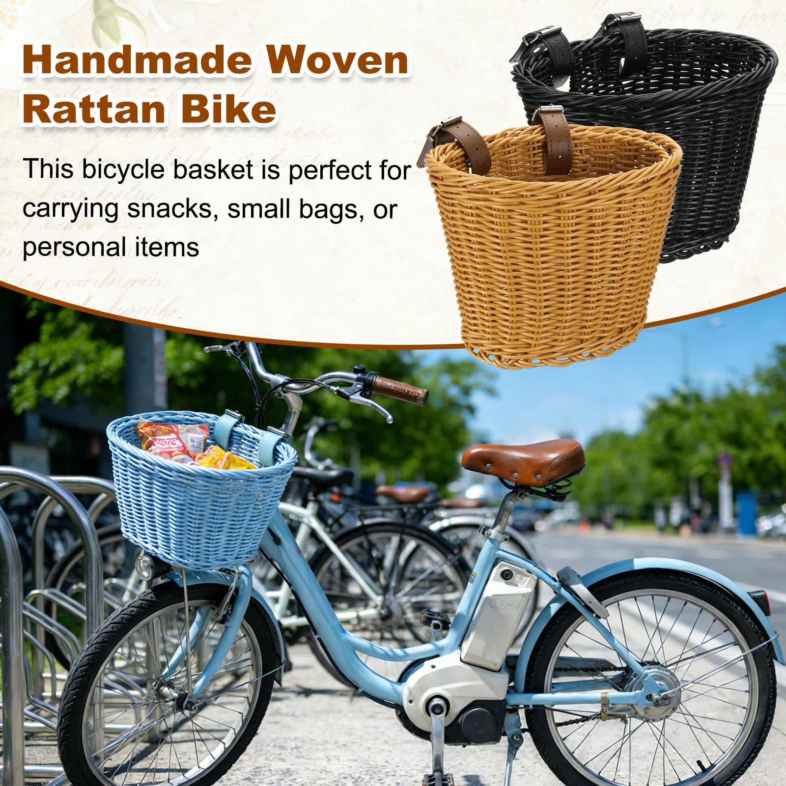 Uxcell Bike Basket Front, Hand-Woven Bicycle Basket with Adjustable PU Belts 2 Pack & Brown, Black-Fitting For(Most Road Bikes, Bicycles/Scooters)