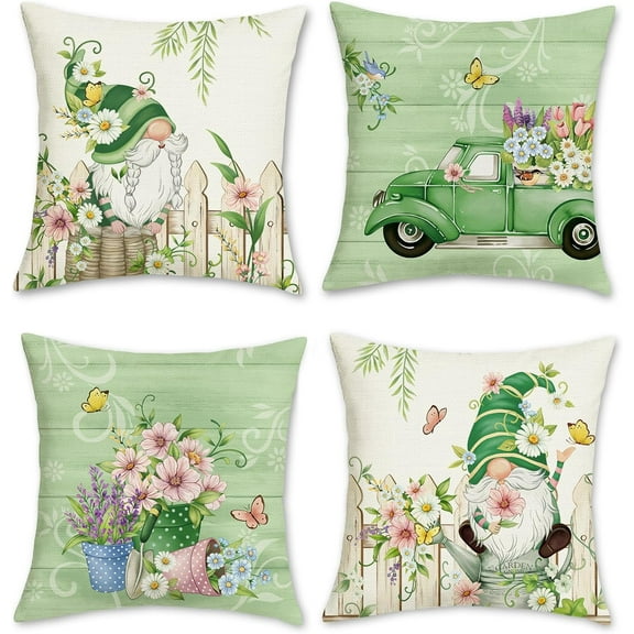 Dalrosia Spring Gnomes Throw Pillow Covers 18 x 18 Inch Floral Leaves Truck Farmhouse Green Decorative Pillows Linen Cushion Cases for Couch Sofa Bed Home Decor